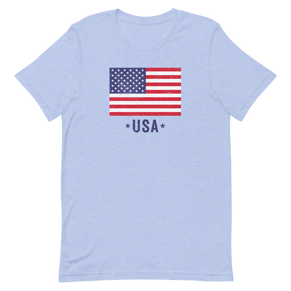 Fourth of July Patriotic USA Flag T-Shirt in Blue Heather.