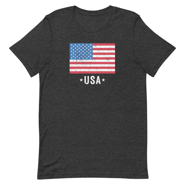Fourth of July Patriotic USA Flag T-Shirt in Dark Grey Heather.