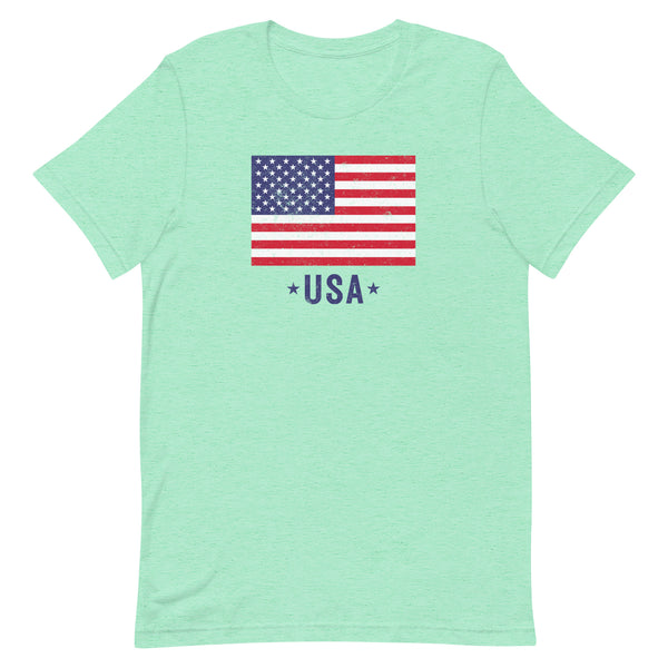 Fourth of July Patriotic USA Flag T-Shirt in Mint Heather.