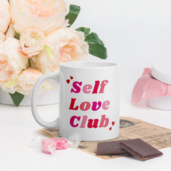 Valentine's Day coffee mug with a colorful design that says "Self Love Club".