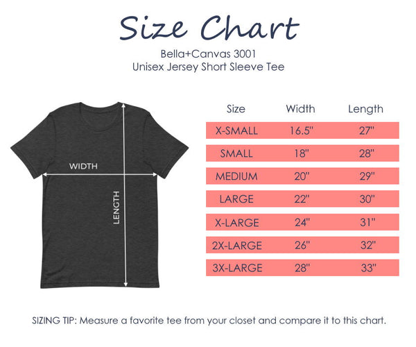T-shirt size chart for Ho Ho Ho Christmas graphic tee.