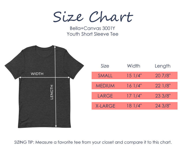 Bella + Canvas 3001Y kids short sleeve tee size chart.