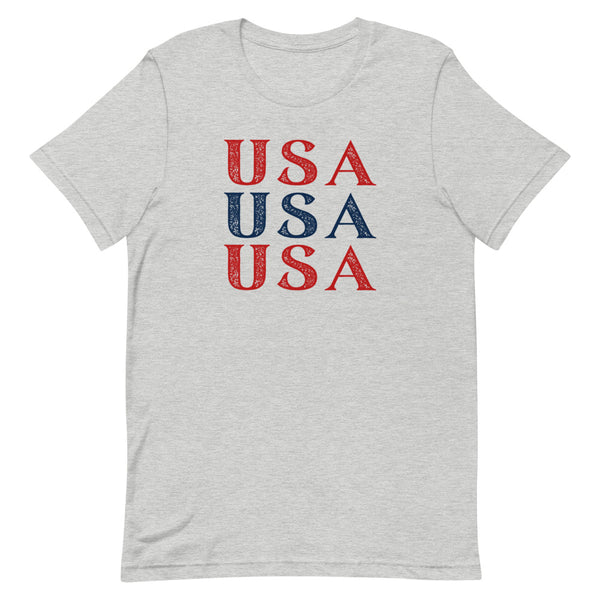 Stacked USA Fourth of July t-shirt in Athletic Grey Heather.