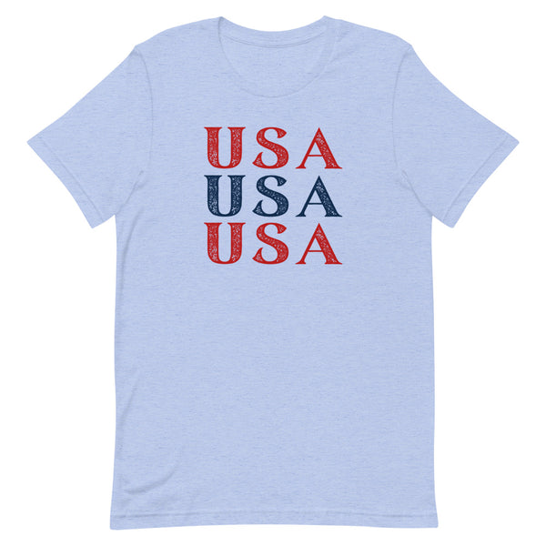 Stacked USA Fourth of July t-shirt in Blue Heather.