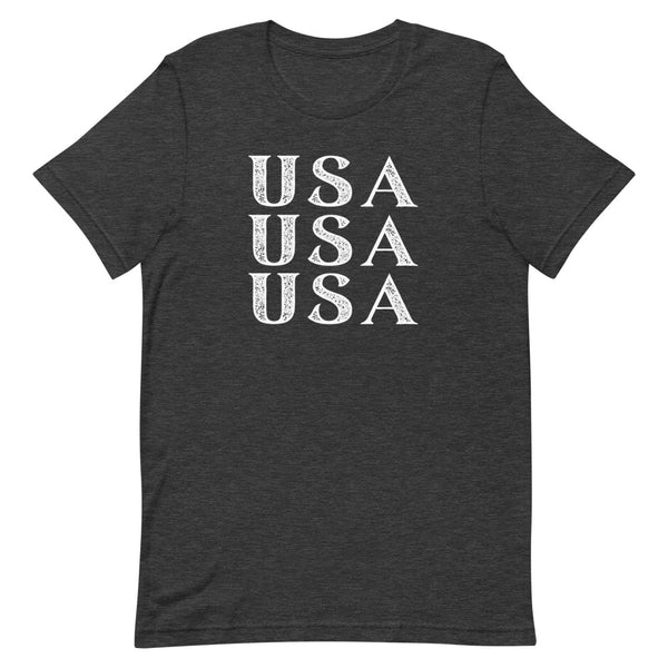 Stacked USA Fourth of July t-shirt in Dark Grey Heather.