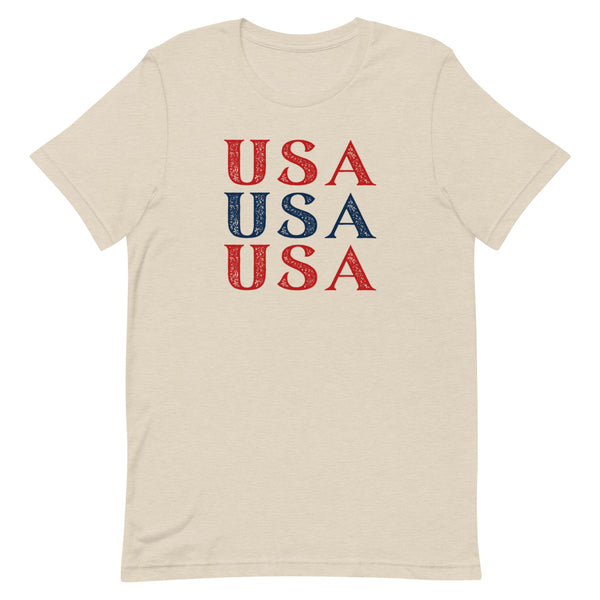 Stacked USA Fourth of July t-shirt in Dust Heather.
