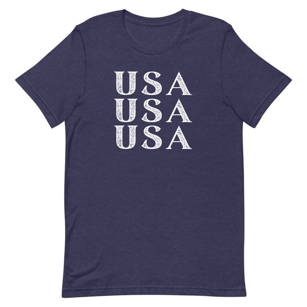 Stacked USA Fourth of July t-shirt in Midnight Navy Heather.