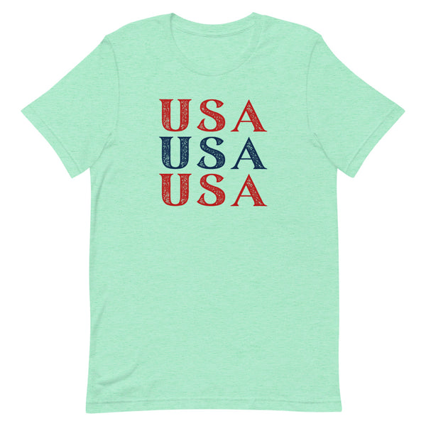Stacked USA Fourth of July t-shirt in Mint Heather.