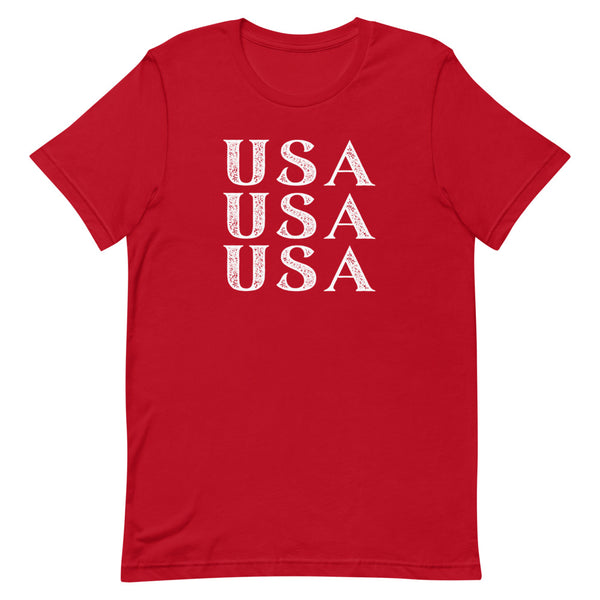 Stacked USA Fourth of July t-shirt in Red.