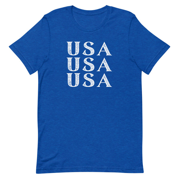 Stacked USA Fourth of July t-shirt in True Royal Heather.
