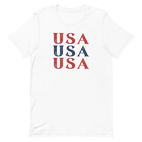 Stacked USA Fourth of July t-shirt in White.