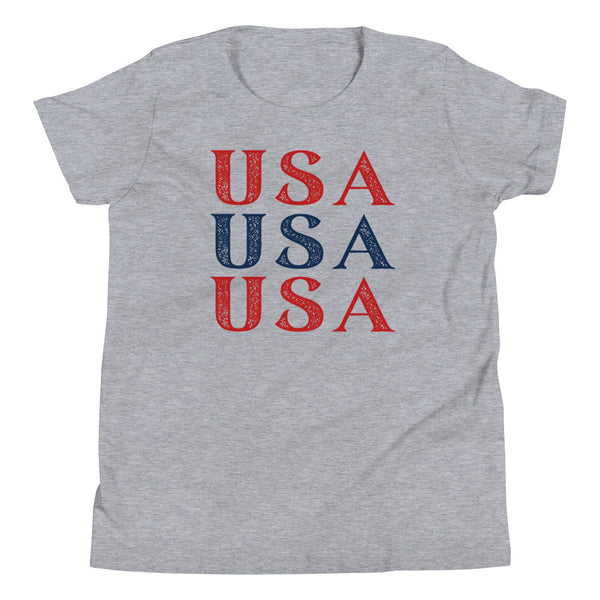 Stacked USA T-Shirt for kids in Athletic Grey Heather.