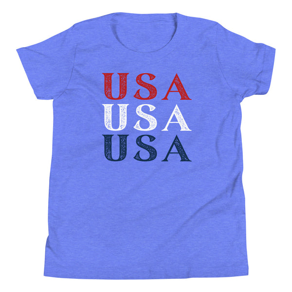 Stacked USA T-Shirt for kids in Columbia Blue Heather.