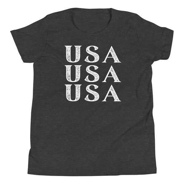 Stacked USA T-Shirt for kids in Dark Grey Heather.