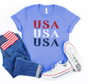 Vintage, stacked USA design on this patriotic Fourth of July t-shirt for tall kids.