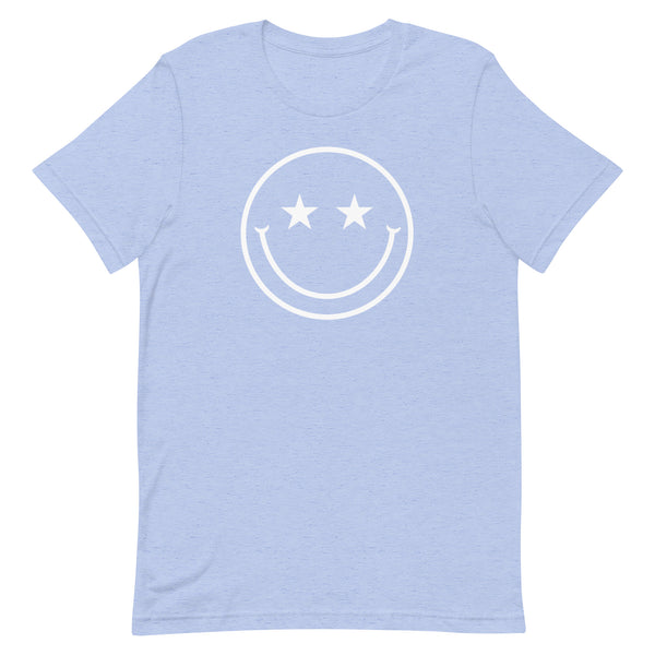 Star Eyes Smiley Face T-Shirt in Blue Heather.