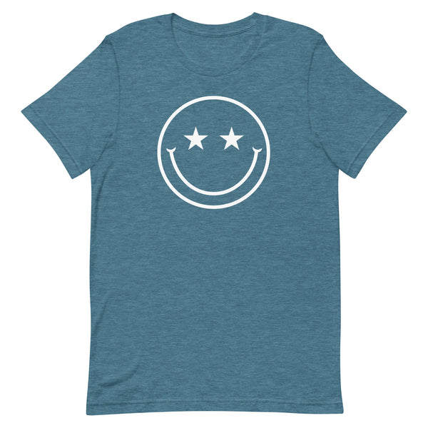 Star Eyes Smiley Face T-Shirt in Deep Teal Heather.