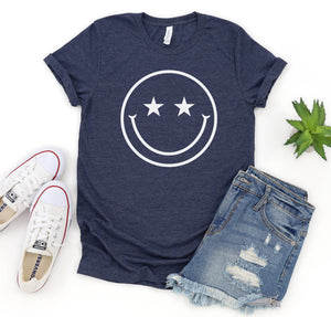 Trendy smiley face t-shirt with star eyes for tall women.