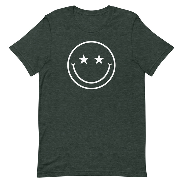 Star Eyes Smiley Face T-Shirt in Forest Heather.