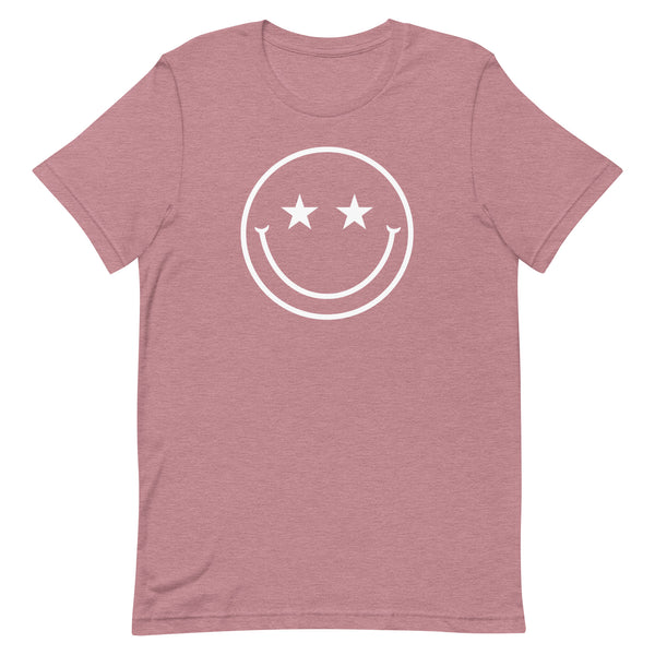 Star Eyes Smiley Face T-Shirt in Orchid Heather.
