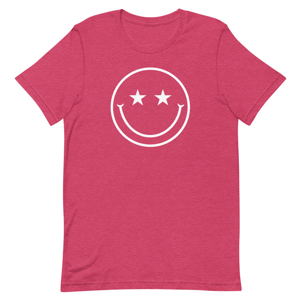 Star Eyes Smiley Face T-Shirt in Raspberry Heather.