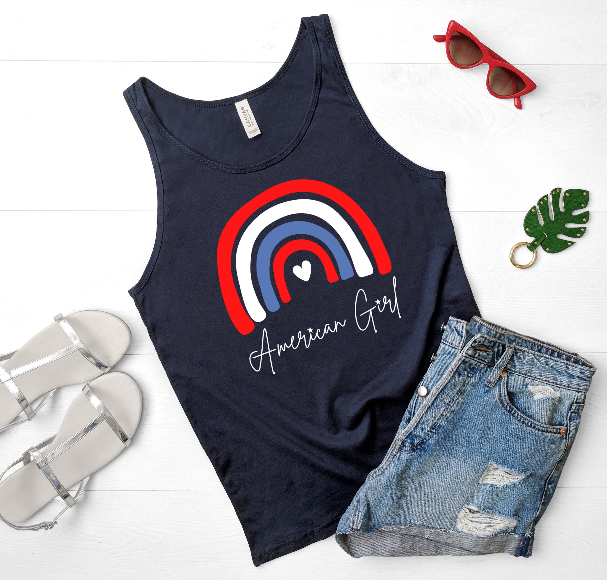 Tall American Girl red, white, and blue rainbow muscle tank top.