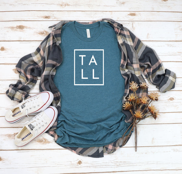 Bella + Canvas unisex graphic t-shirt with the word "TALL" in a square.