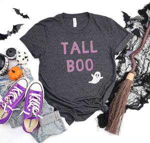 Funny Halloween t-shirt for tall people with a ghost design that says Tall Boo.