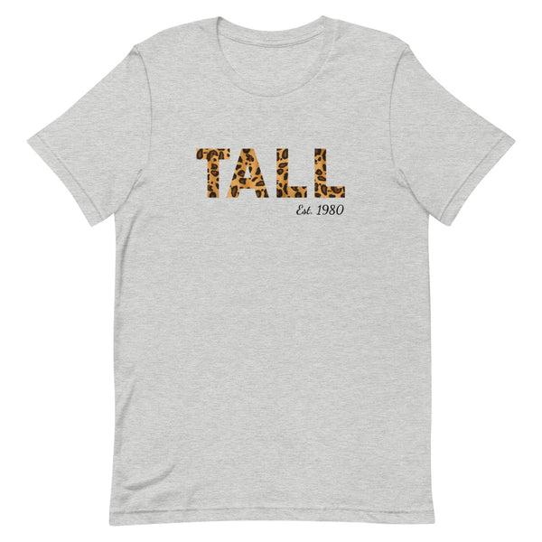 "Tall Est. Custom Year" leopard print t-shirt in Athletic Gray Heather.