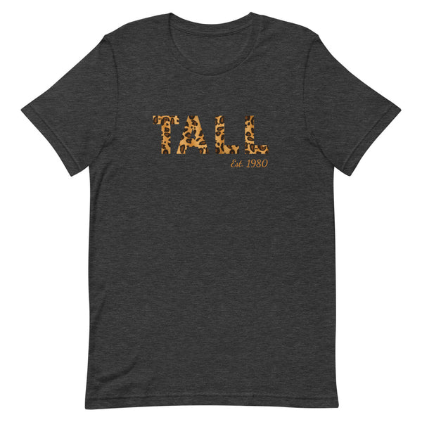 "Tall Est. Custom Year" leopard print t-shirt in Dark Grey Heather.