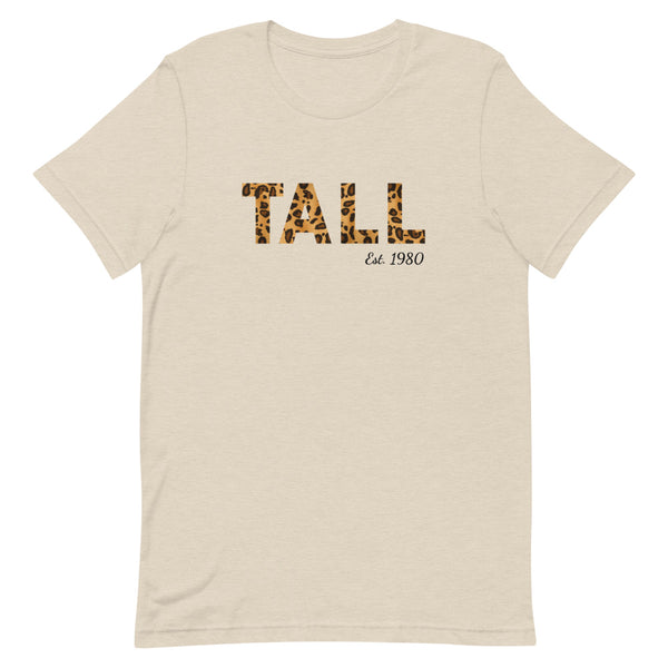"Tall Est. Custom Year" leopard print t-shirt in Dust Heather.