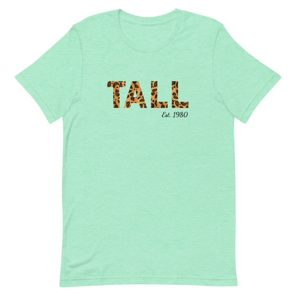 "Tall Est. Custom Year" leopard print t-shirt in Mint Heather.