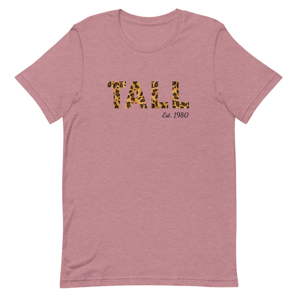 "Tall Est. Custom Year" leopard print t-shirt in Orchid Heather.