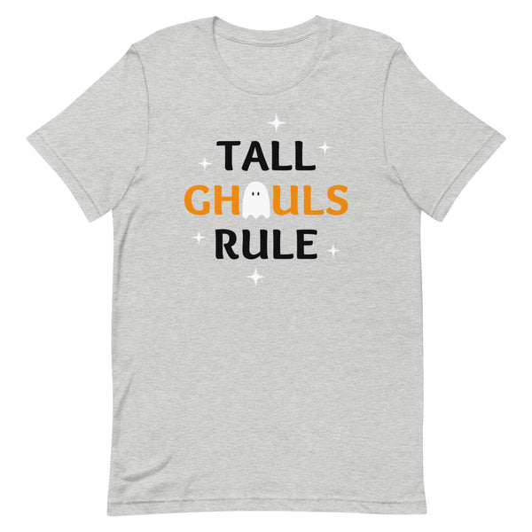 Tall Ghouls Rule Halloween graphic tee in Athletic Grey Heather.
