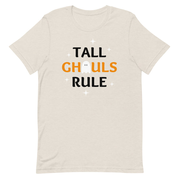 Tall Ghouls Rule Halloween graphic tee in Dust Heather.