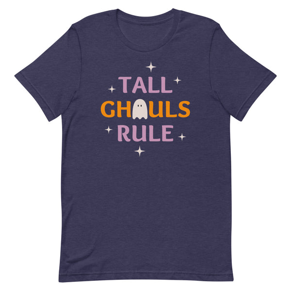Tall Ghouls Rule Halloween graphic tee in Midnight Navy Heather.