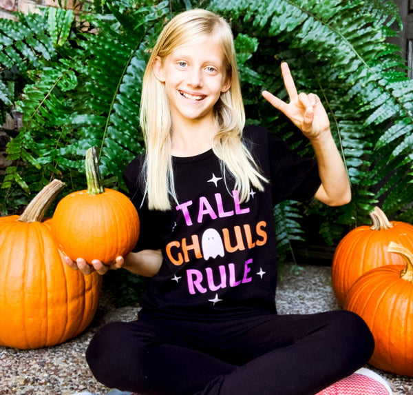 Girls Halloween shirt with a cute, ghost design that says "Tall Ghouls Rule".