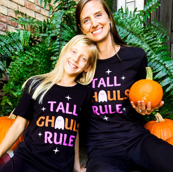 Funny, matching Halloween t-shirts for tall women and girls.