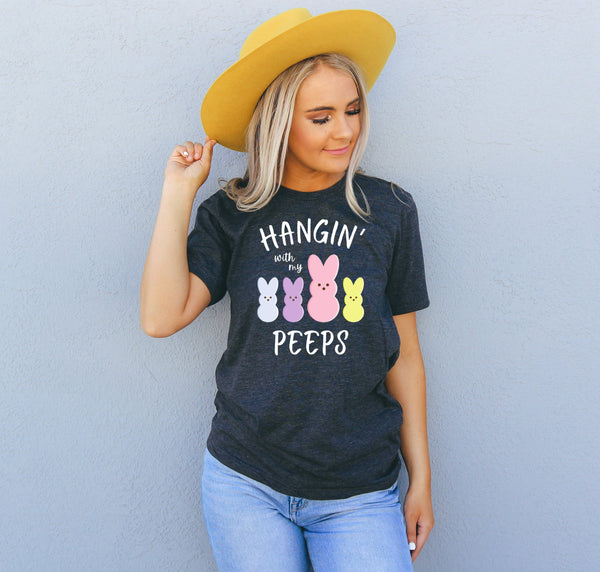 Woman model wearing a "Hanging With My Peeps" t-shirt for tall people.