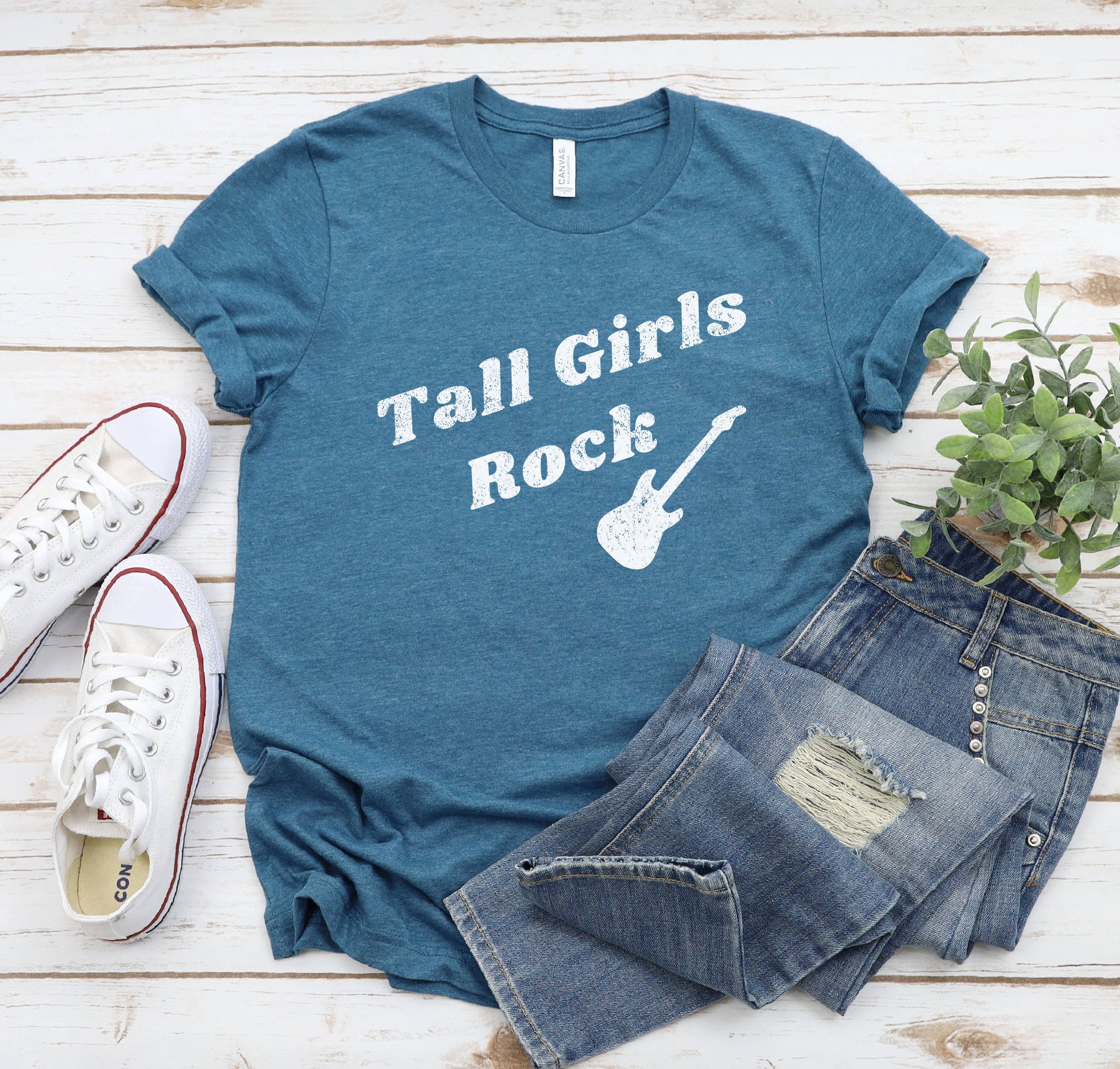 Soft graphic tee for tall women that says "Tall Girls Rock" with a guitar silhouette.