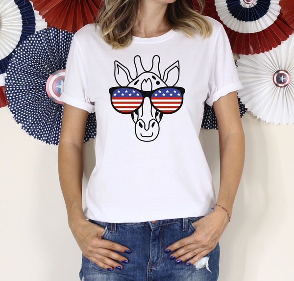 Tall woman wearing a funny Fourth of July t-shirt.