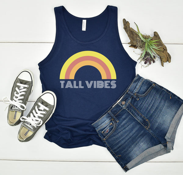 Womens long length tank top with the phrase Tall Vibes.