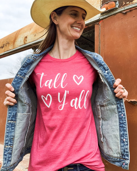 Cowgirl model wearing a Tall Y'all tee-shirt.