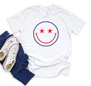 Patriotic Star Eyes Smiley Face Youth T-Shirt for tall girls and boys.