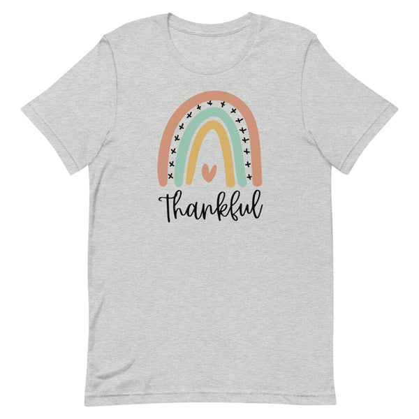 Thankful Rainbow T-Shirt for women in Athletic Grey Heather.