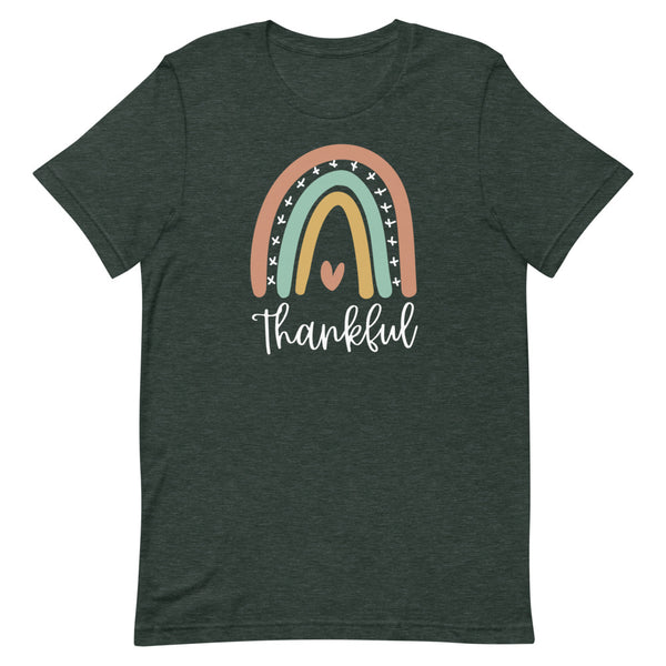 Thankful Rainbow T-Shirt for women in Forest Heather.