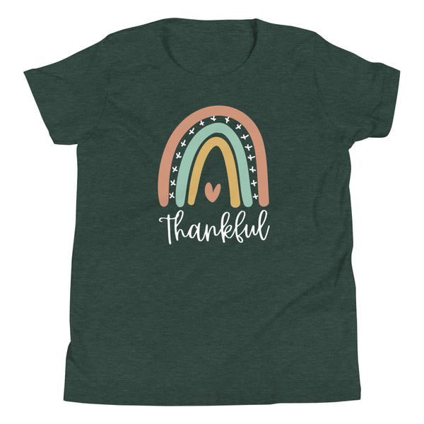 Thankful Rainbow girls t-shirt for fall in Forest Heather.