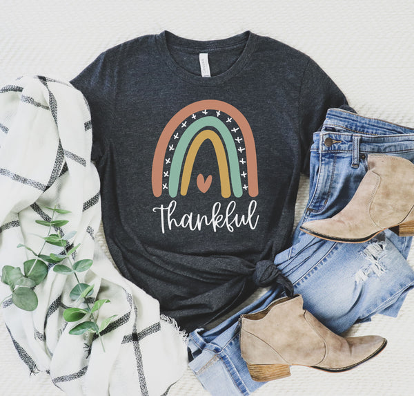 Womens fall t-shirt with an autumn themed rainbow and the word "Thankful" on the front.