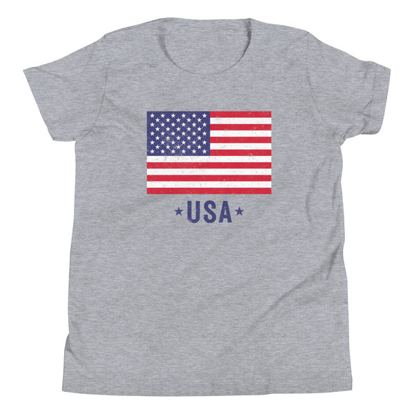 USA Flag Distressed Youth T-Shirt in Athletic Grey Heather.