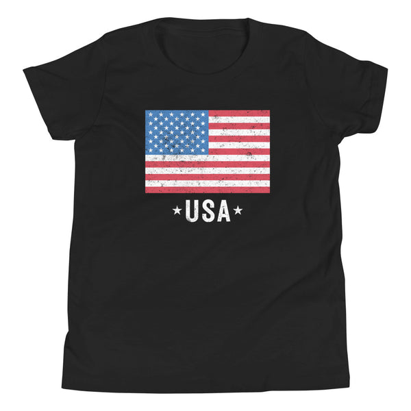 USA Flag Distressed Youth T-Shirt in Black.